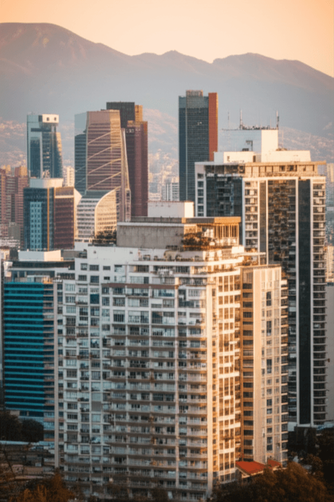 Edificios de departamentos modernos en Santiago Chile durante la hora dorada con el distrito financiero al fondo
