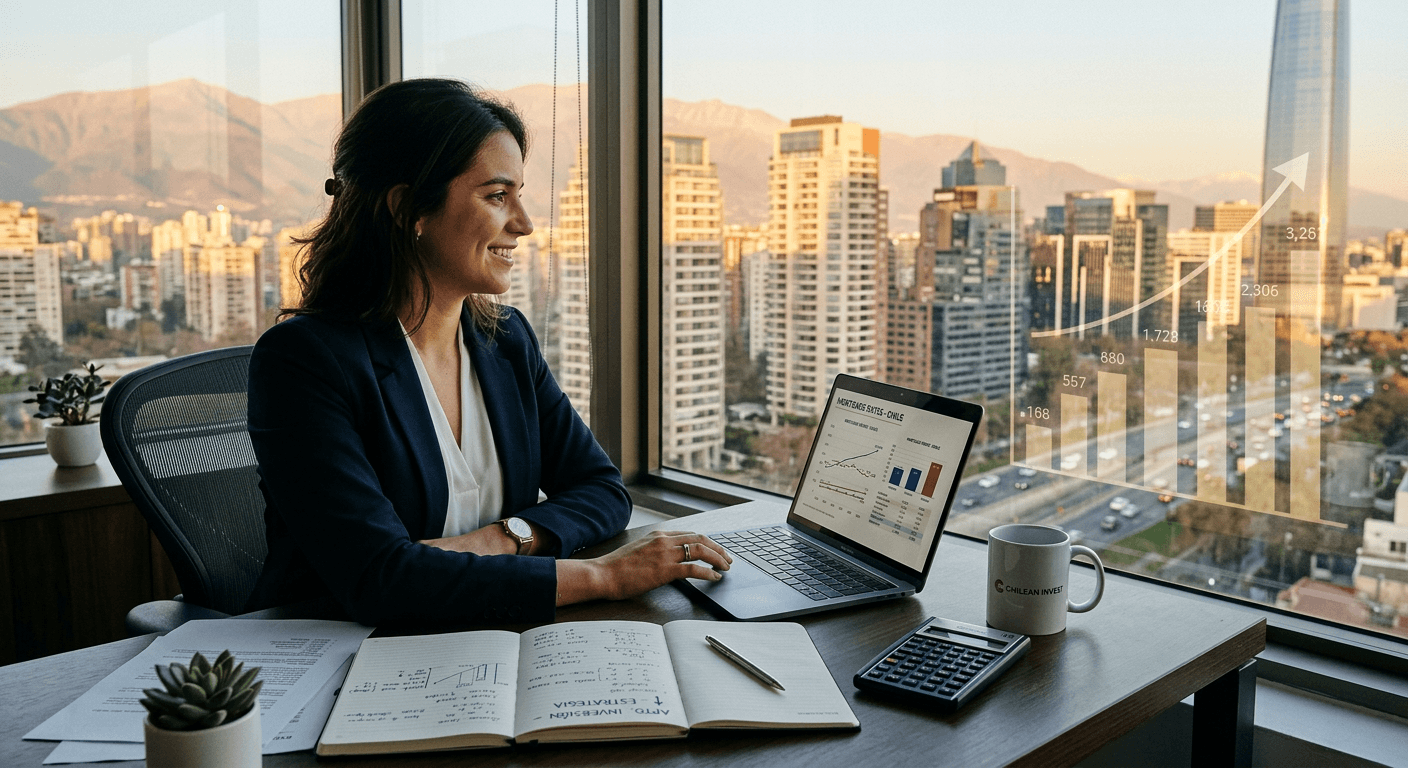Inversionista evaluando tasas hipotecarias y apalancamiento estratégico frente a edificios residenciales en Santiago