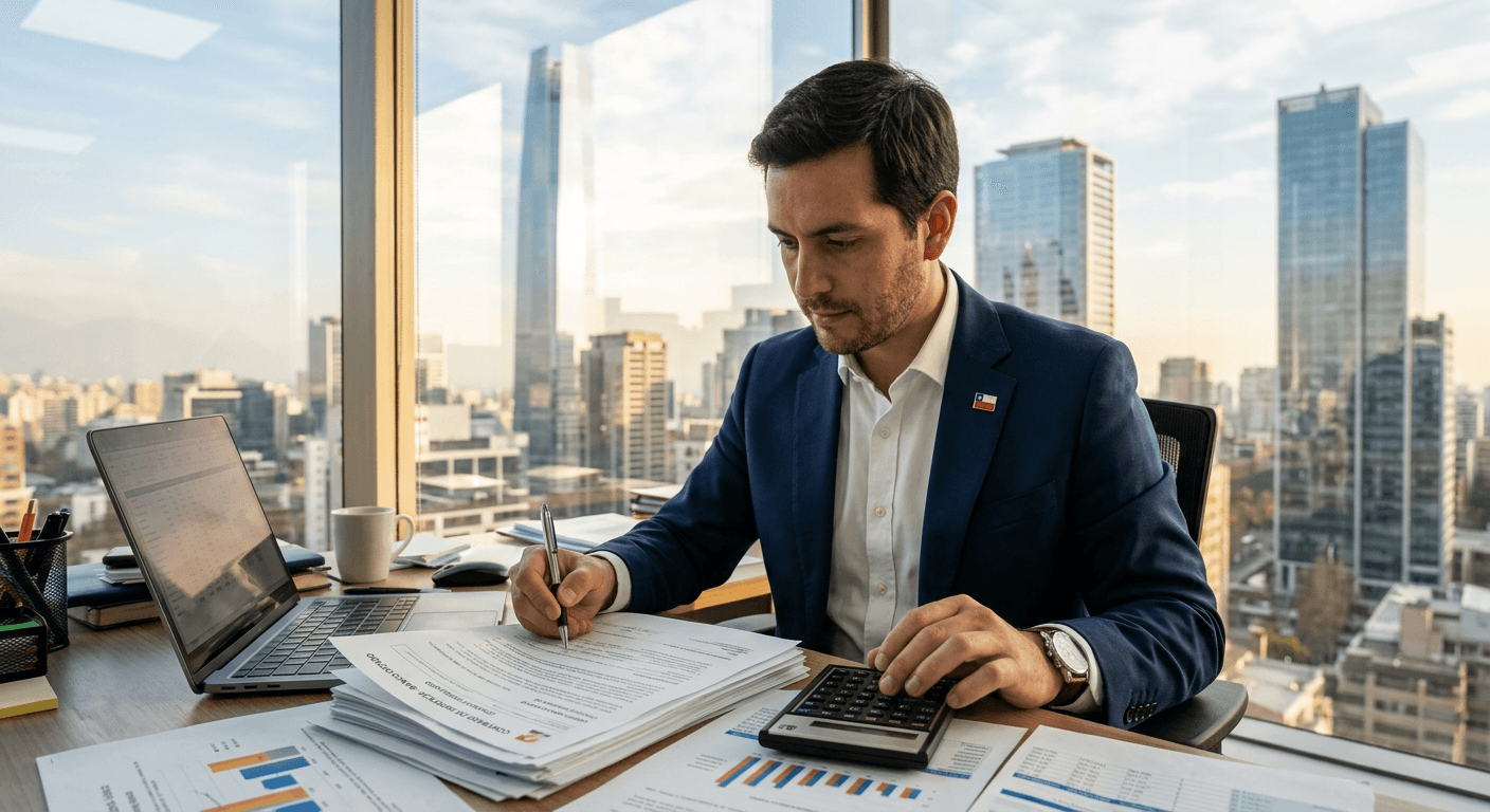 Profesional chileno analizando documentos hipotecarios con calculadora, edificios de Santiago al fondo representando oportunidad en guerra de tasas
