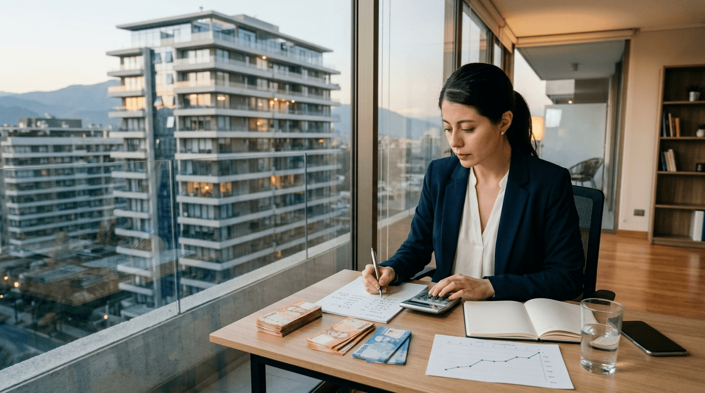 Person calculating real estate investment returns with Chilean pesos and a graph, modern apartment building in background, showing growth.