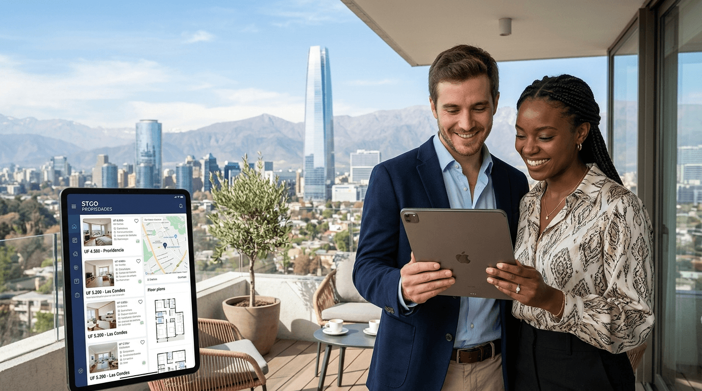 A young, diverse couple smiling confidently while looking at a blueprint or a tablet showing apartment listings, with a modern Santiago skyline in the background, symbolizing a successful first real estate investment.