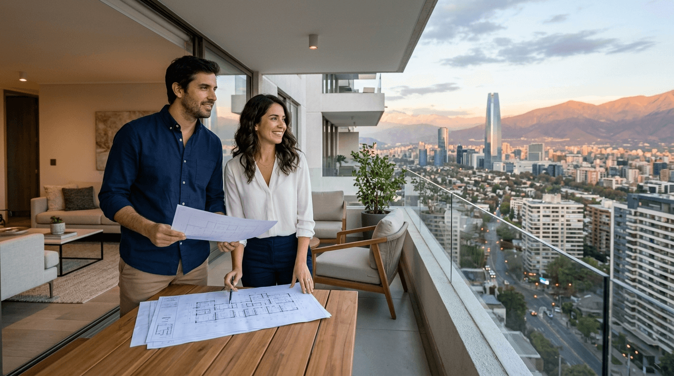 Modern Chilean couple looking at apartment blueprints or a city skyline, representing smart real estate investment for beginners.