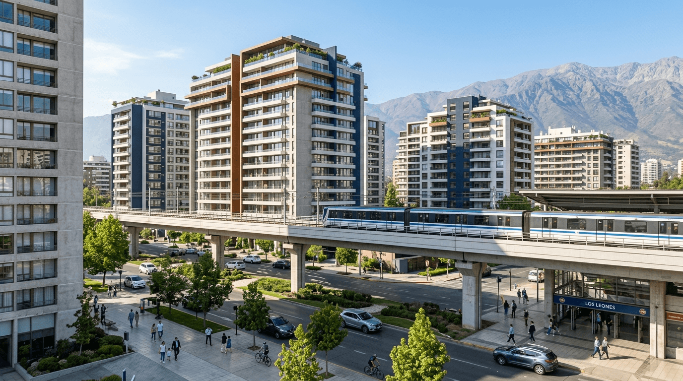Modern apartment buildings in Santiago, Chile, with a focus on vibrant neighborhoods and new metro lines, symbolizing growth and investment opportunity.