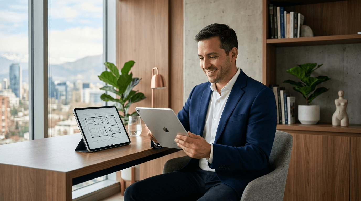 Joven profesional chileno (30-40 años, hombre o mujer) en un entorno de oficina o hogar moderno, mirando una tablet con gráficos de inversión o un plano de propiedad. Transmite confianza, accesibilidad y aspiración a la inversión inmobiliaria.