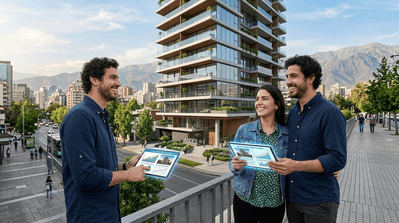A cheerful young couple or individual looking at a modern apartment building in a vibrant Chilean city, holding a tablet with investment graphs, symbolizing a successful first real estate investment.
