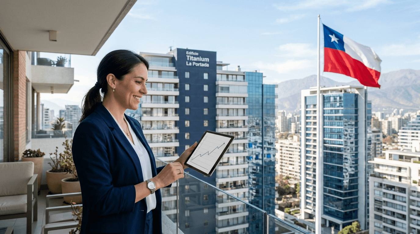 Persona mirando un gráfico de crecimiento financiero con un edificio de departamentos moderno y la bandera chilena de fondo, simbolizando éxito en inversión inmobiliaria.