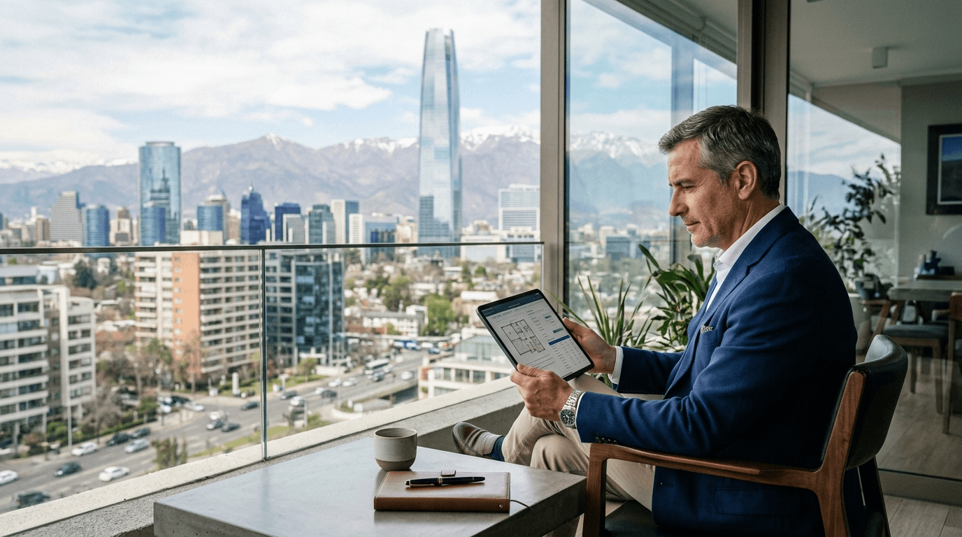A professional Chilean investor reviewing mortgage documents on a tablet, with a modern cityscape of Santiago in the background, symbolizing financial growth and real estate investment.
