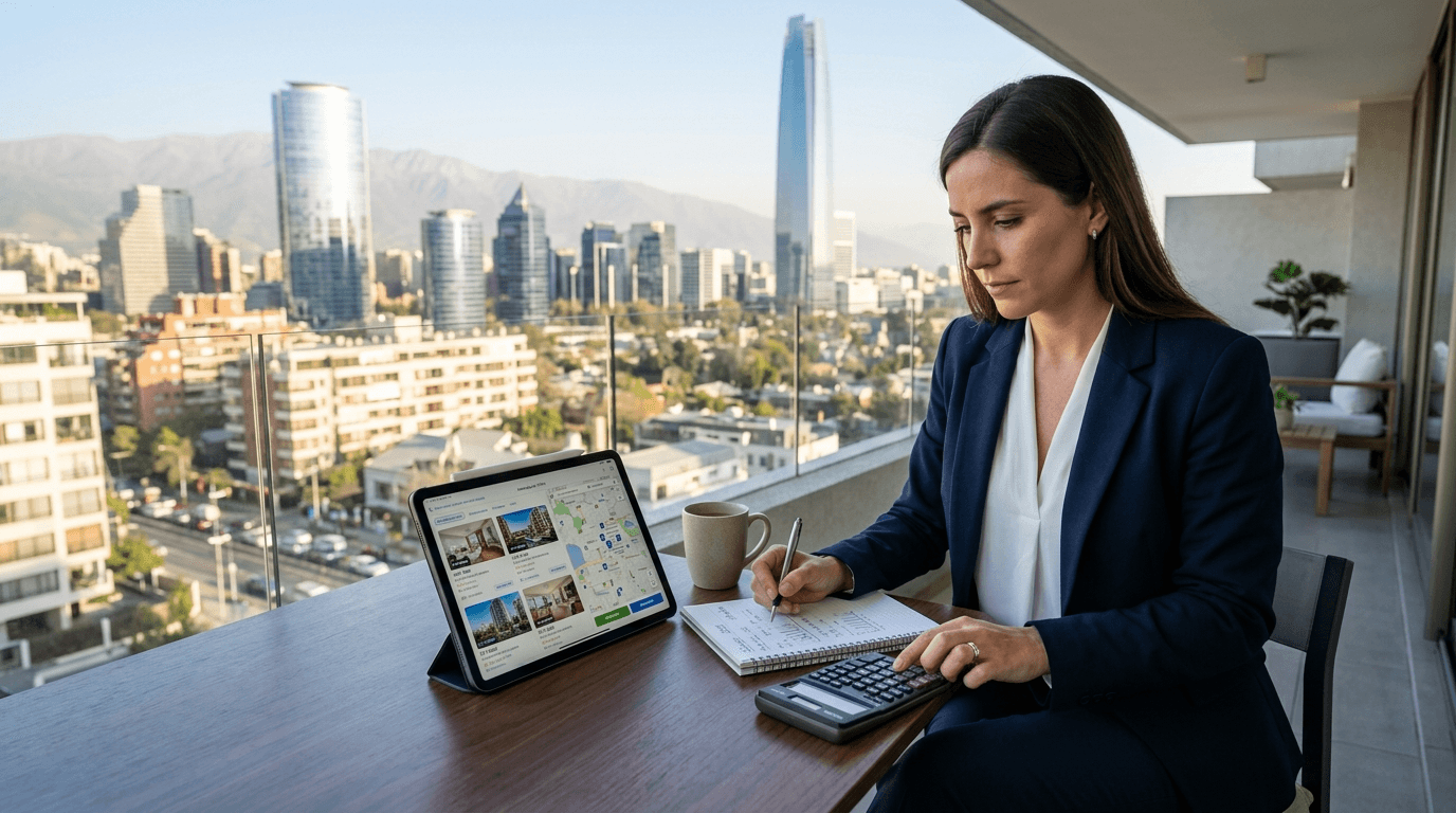 A person analyzing financial charts with a calculator and a tablet showing real estate listings, with a modern Santiago city skyline in the background, representing smart investment decisions and profitability.