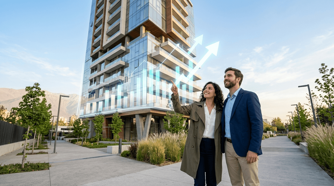 A young couple looking at a modern apartment building in Santiago, Chile, with a digital overlay of financial charts and growth arrows, symbolizing smart real estate investment. Bright, optimistic tone, professional look.
