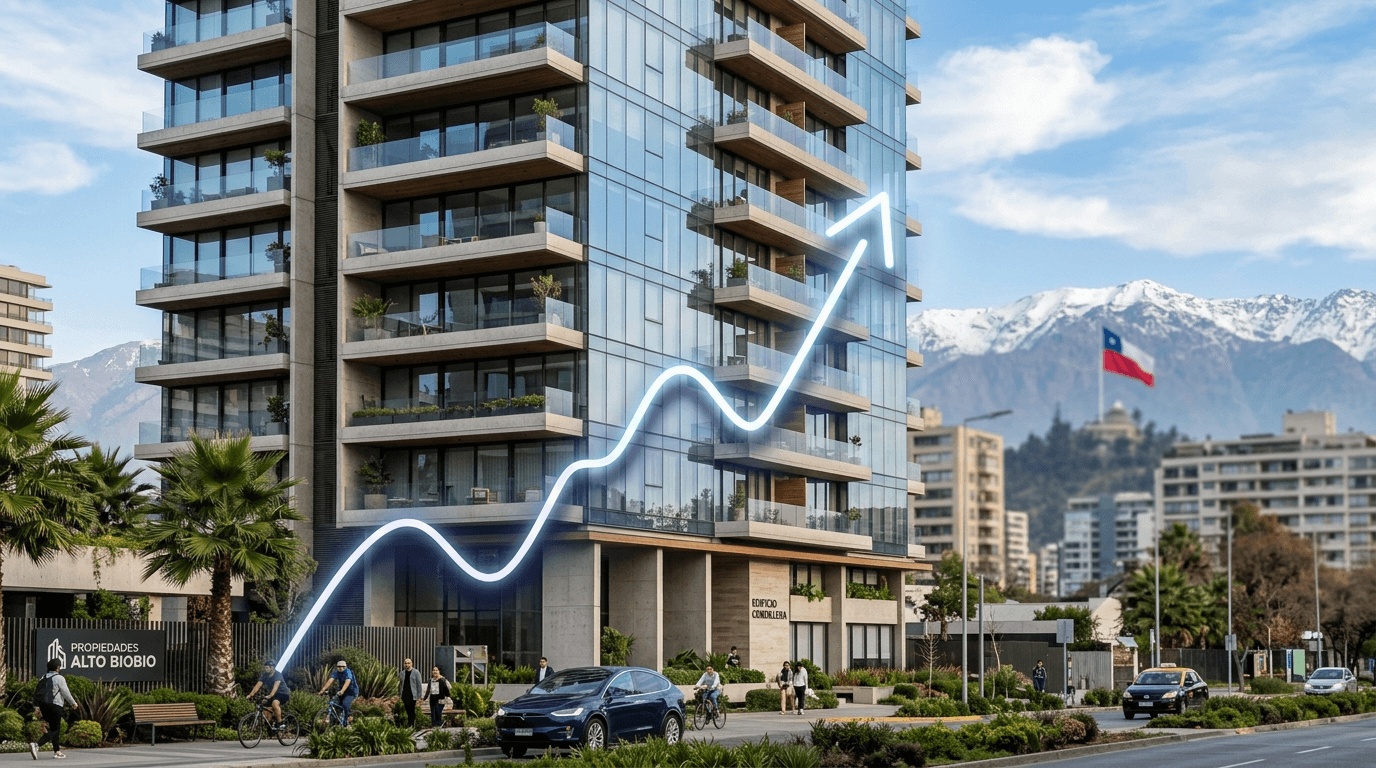 Modern apartment building with a financial graph overlay, showing upward trend, and a subtle Chilean flag element in the background.