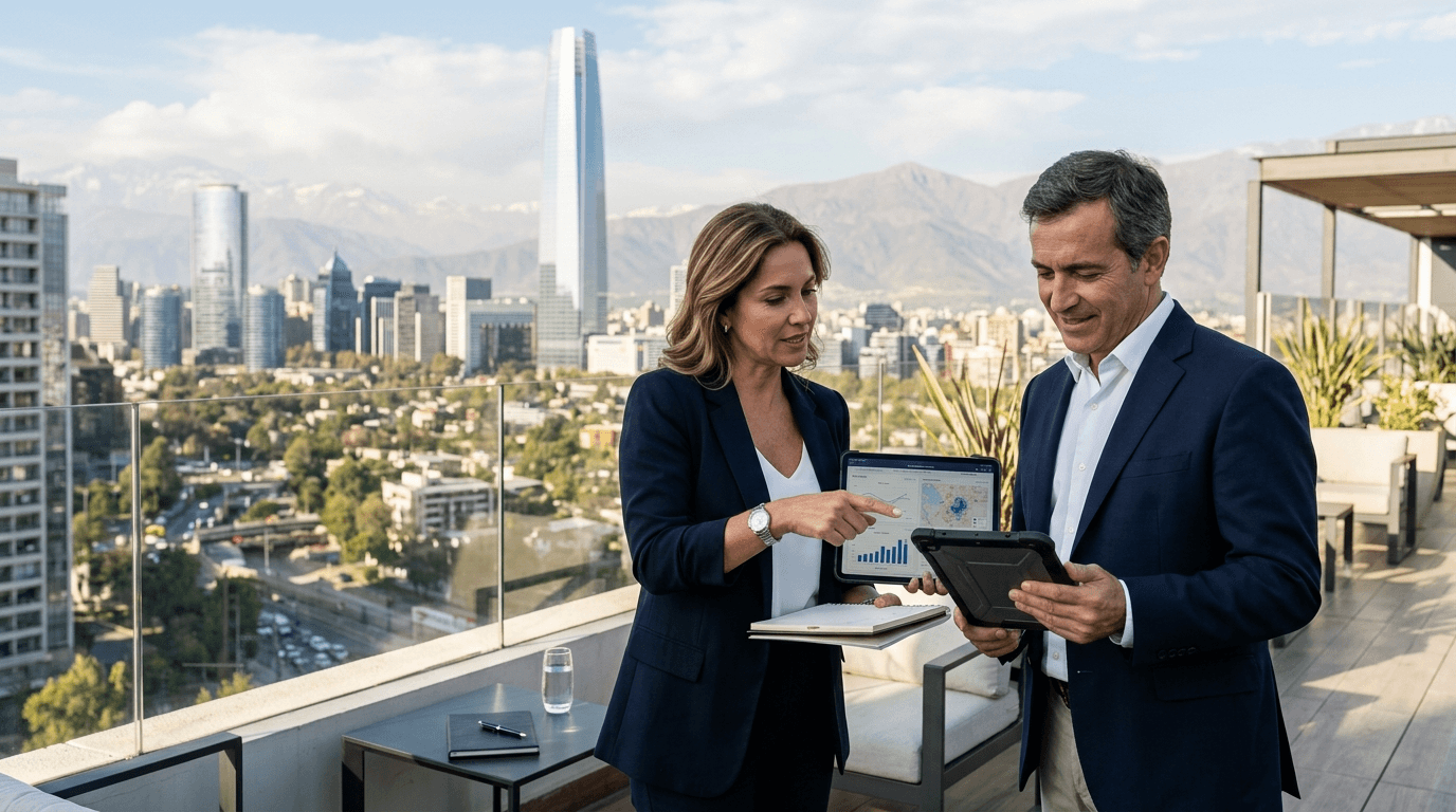Professional real estate advisor guiding an investor in front of a modern Chilean city skyline, showing graphs and property data on a tablet, symbolizing smart investment and trust.