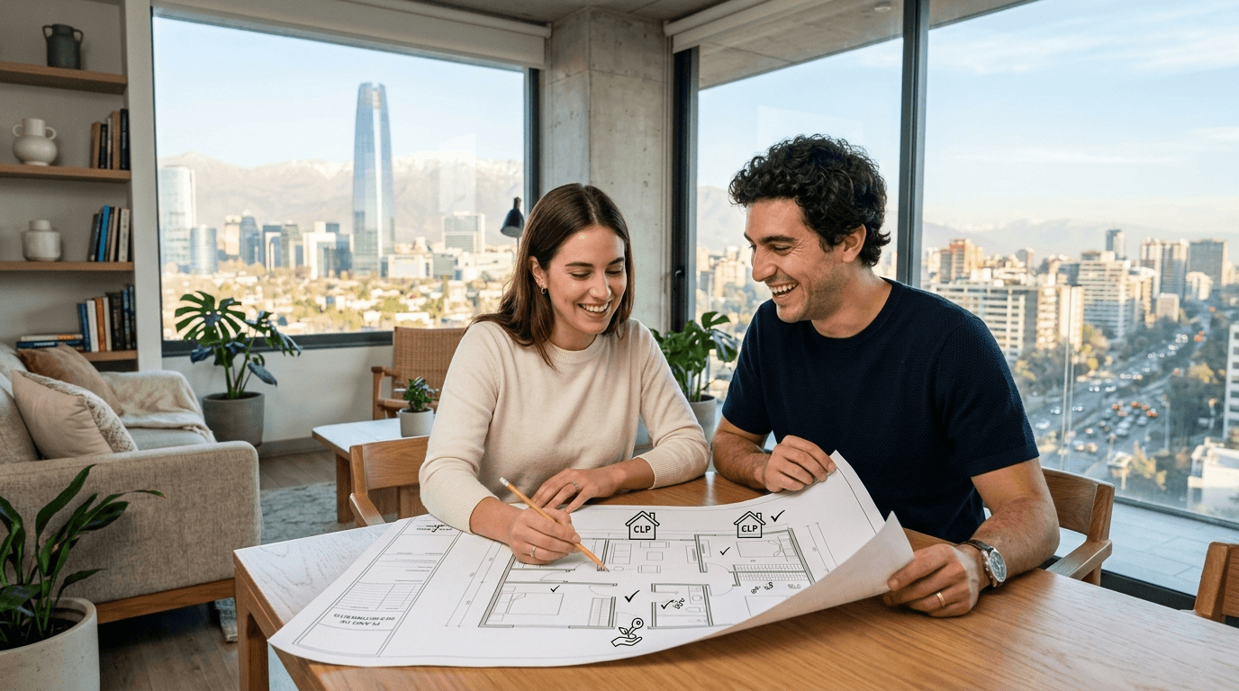 A young Chilean couple looking at apartment blueprints or a map of Santiago with investment icons, symbolizing their first real estate investment journey, vibrant and hopeful.