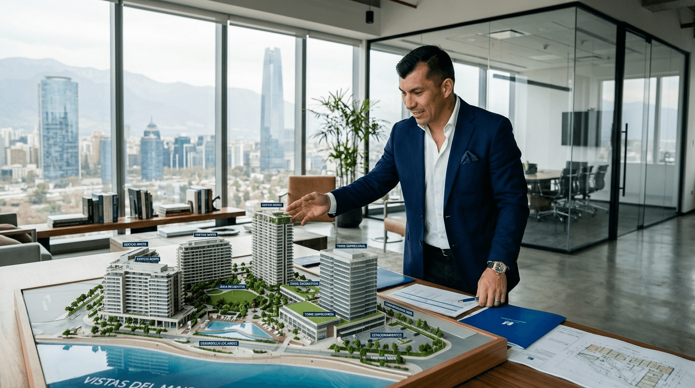 Gary Medel en un ambiente moderno y elegante, revisando documentos de propiedades o frente a una maqueta de un desarrollo inmobiliario, con un toque de éxito y visión de inversión.