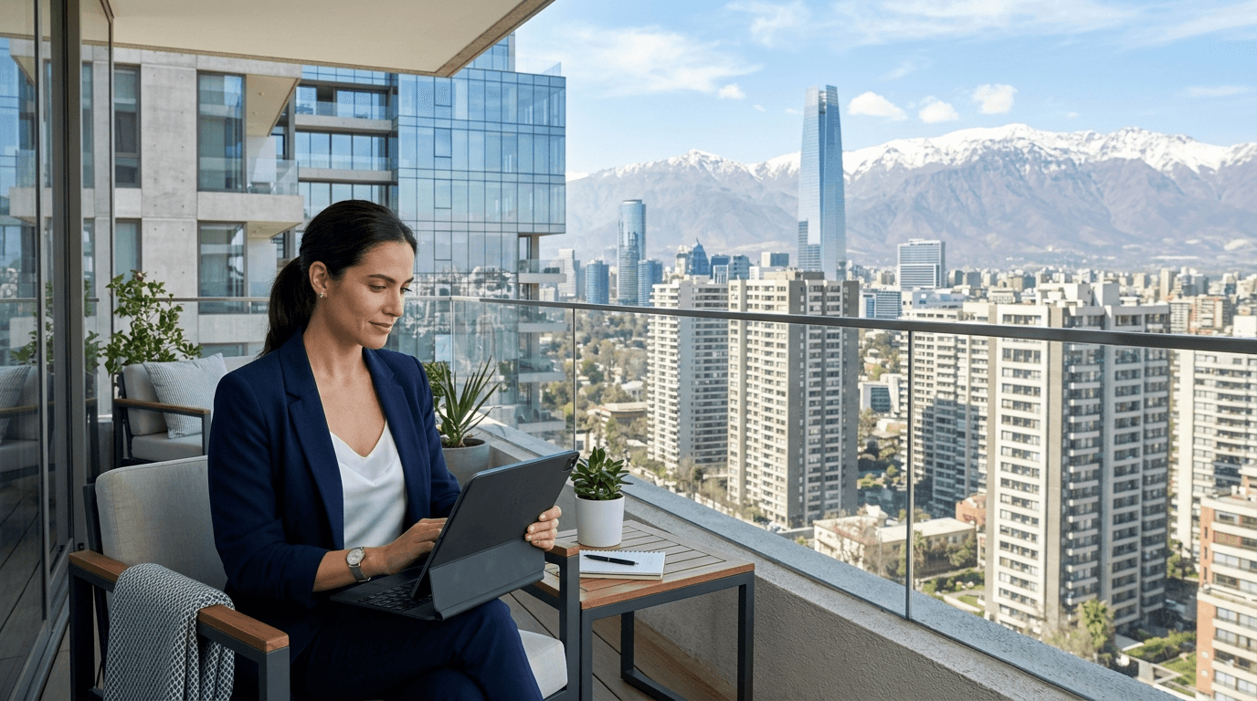 Modern cityscape of Santiago, Chile, with focus on new apartment buildings. A person confidently reviewing financial documents or a tablet, symbolizing smart investment decisions. Bright, optimistic lighting.