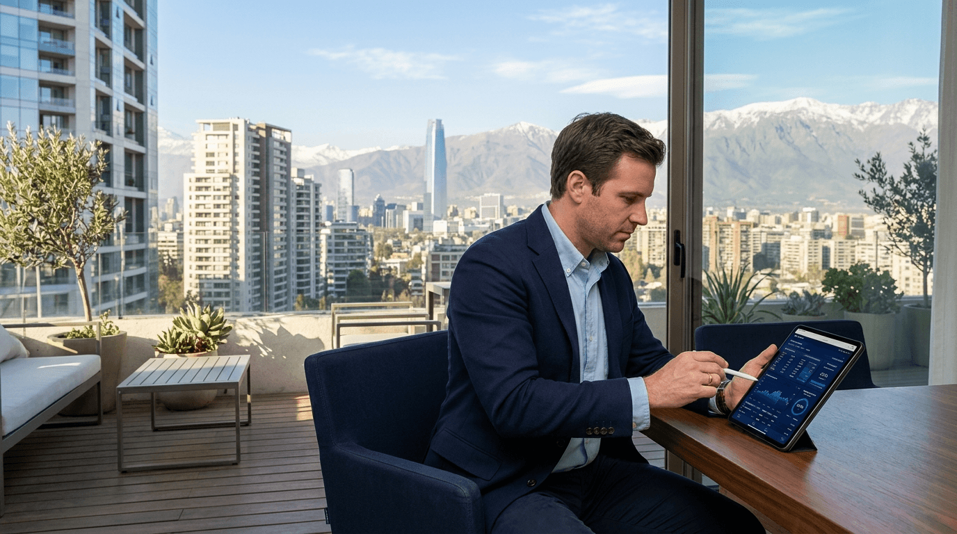 Person calculating investment returns on a tablet, with a Chilean city skyline and apartment buildings in the background, showing financial graphs.