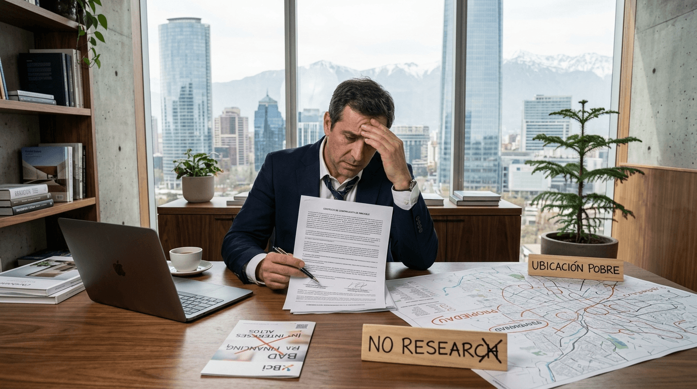 A frustrated investor looking at a complex real estate contract, surrounded by common pitfalls like a 'no research' sign, a 'bad financing' symbol, and a 'poor location' map, in a modern Chilean office setting, realistic style.
