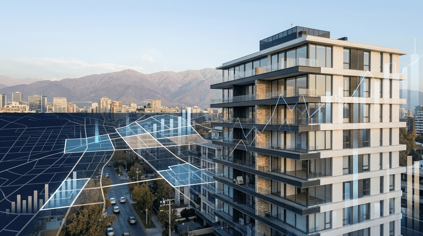 Modern apartment building in Santiago, Chile, with a subtle overlay of financial charts and a map highlighting profitable investment areas.