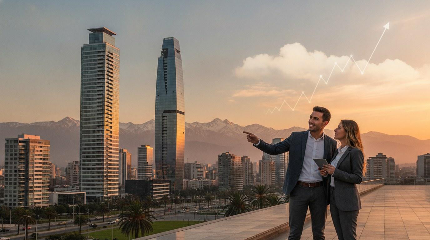 Pareja joven frente a edificio moderno en Santiago con la cordillera de los Andes al atardecer, simbolizando inversión en primer departamento