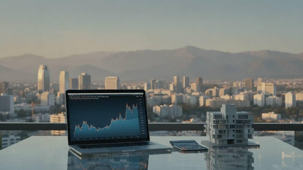 Escritorio moderno con gráficos de tasas hipotecarias y skyline de Santiago al atardecer