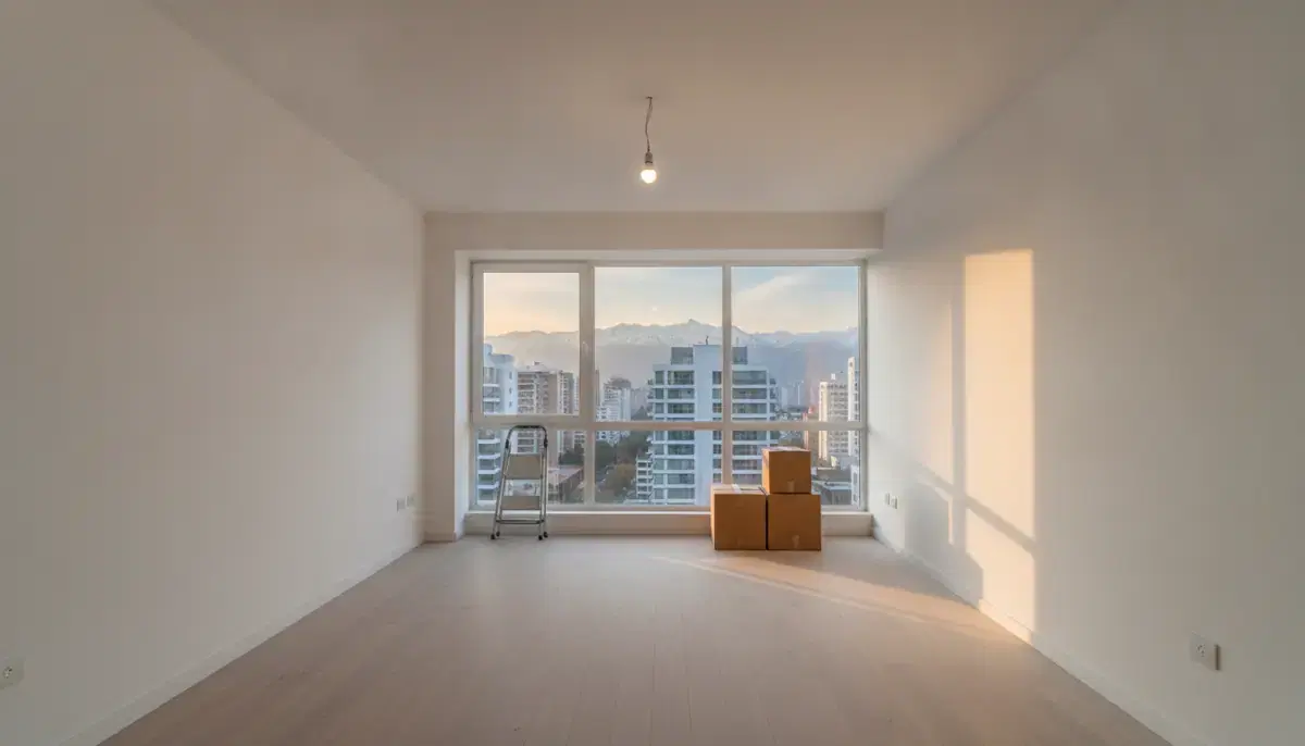 Departamento nuevo vacío recién entregado en Santiago, con cajas de mudanza y vista a edificios y a la Cordillera de los Andes al atardecer