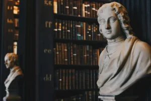 Estatuas de bustos en biblioteca de leyes haciendo referencia a la protección legal de propiedades en Chile