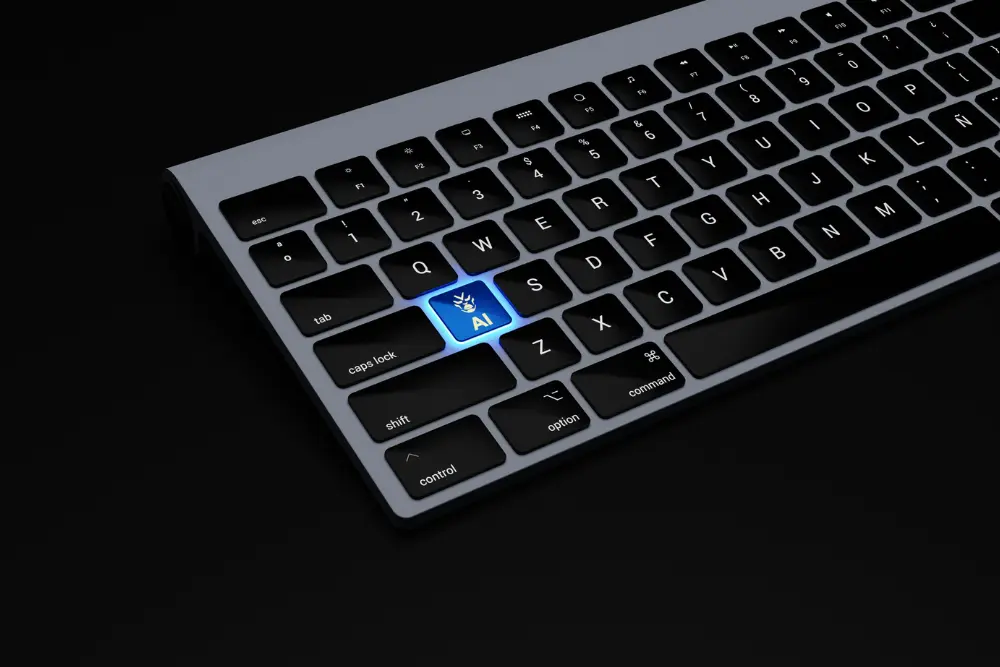 Teclado con tecla IA resaltada, haciendo alución ala automatización de procesos en agencias inmobiliarias